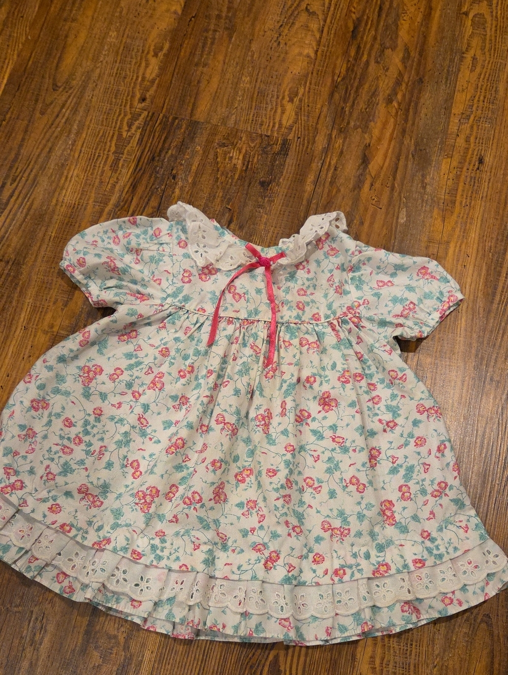 Girls' Floral Eyelet Dress with Pink Ribbon Accent